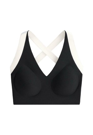 Black sports bra with molded cups and wide white crisscross straps on the back, designed for support and comfort.