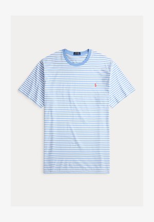 Tricou cu dungi alb-albastre, cu guler rotund și mâneci scurte; are un mic logo roșu pe pieptul stâng; material din bumbac.