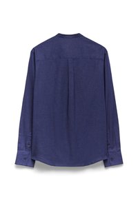 Camisetta a maniche lunghe blu scuro in tessuto intrecciato, con una piega sul retro, orlo arrotondato e polsini con bottone per una chiusura sicura.