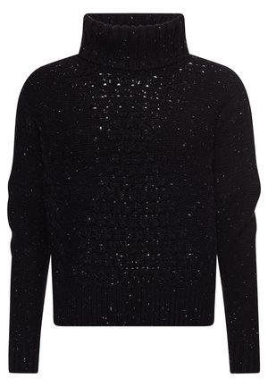 Sort strikket rullekravepullover med tekstureret hulmønster og lange ærmer.