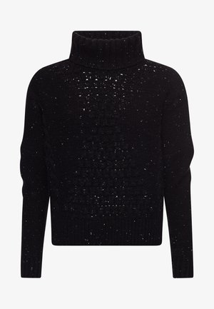 Pull en tricot noir à col roulé avec un motif ajouré texturé et manches longues.