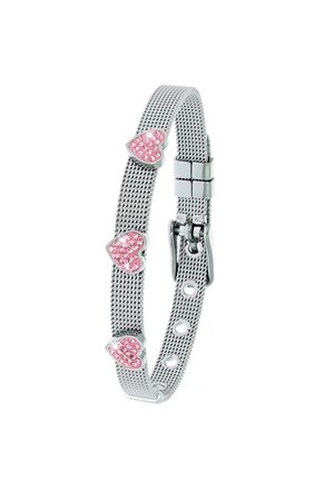 Zilveren gaasarmband met drie roze hartvormige accenten met rhinestones, verstelbaar met gaatjes en een sluiting met een haak.