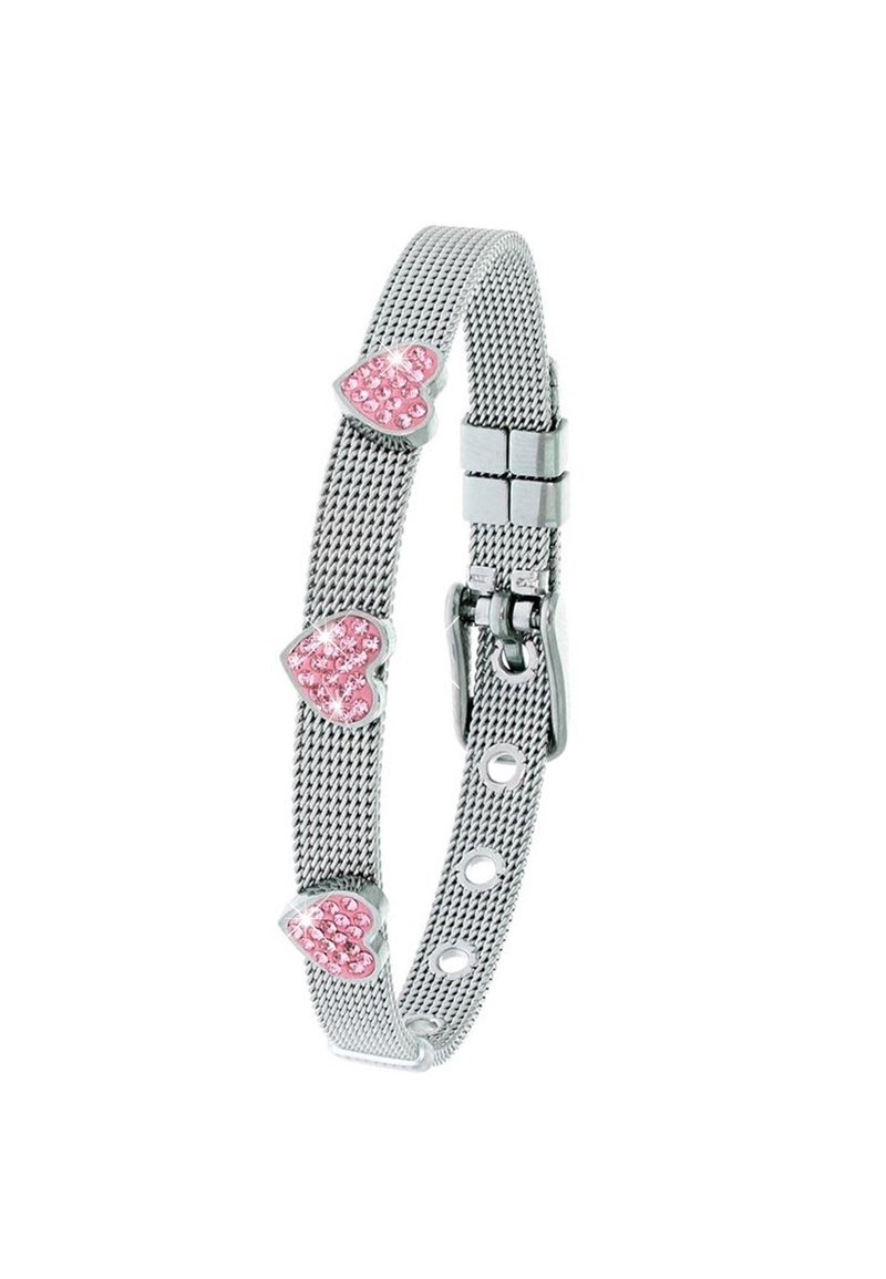 Zilveren gaasarmband met drie roze hartvormige accenten met rhinestones, verstelbaar met gaatjes en een sluiting met een haak.