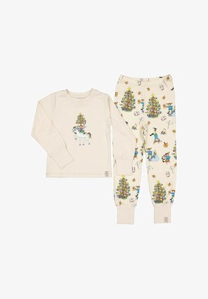 Pyjama-Set mit langärmeligem cremefarbenem Oberteil, das ein gedrucktes Kind auf einem Pferd und einem Baum zeigt. Hosen in Creme mit bunten, festlichen Mustern.