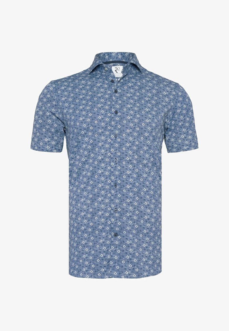 Korte mouw shirt in het blauw met een bloemenpatroon, voorzien van een knoopsluiting aan de voorkant en een kraag. Gemaakt van lichtgewicht stof.