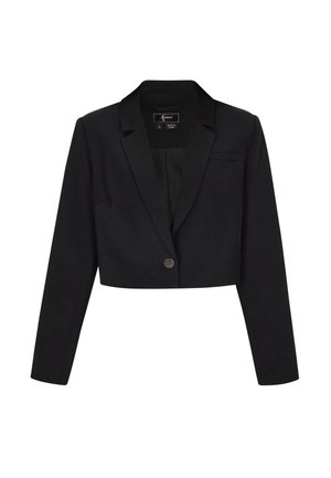 Sort cropped blazer med lange ærmer, hakrevers, enkeltknaplukning og brystlomme med snip.