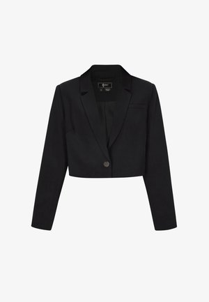 Zwarte cropped blazer met lange mouwen, ingetogen revers, enkele knoopsluiting en een borstzak met bies.