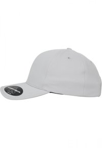Gray baseball cap with a curved visor, smooth fabric, and a circular logo tag on the front. Features a fitted design with no visible hardware.