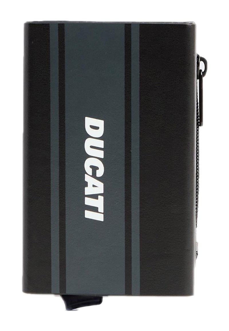 Ducati zwarte portemonnee met geperst logo, voorzien van grijze strepen, ritssluiting en een textuur oppervlak. Compact rechthoekig ontwerp.