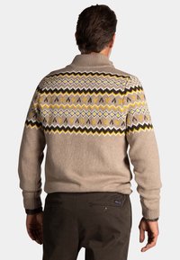 Beige gebreide trui met een hoge kraag, voorzien van een kleurrijk geometrisch patroon in geel, zwart en bruin over de schouders en rug.