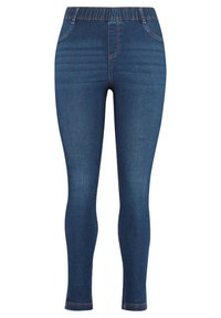 Denim jeggings dengan warna biru tua, dilengkapi dengan pinggang elastis, potongan ramping, dan jahitan mencolok di sepanjang jahitan.