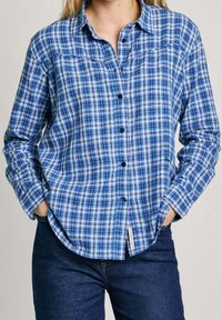 Blue plaid shirt featuring a button-down collar, long sleeves, and a relaxed fit. Made of lightweight fabric with contrasting patterns.
