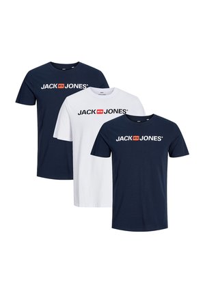 Three short-sleeve T-shirts: two navy blue, one white. Each features the "JACK & JONES" logo in black and red across the chest. Cotton fabric.