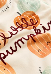 Tissu en coton avec un fond crème présentant des citrouilles orange et turquoise, ainsi qu'un texte brodé en marron indiquant "petite citrouille".