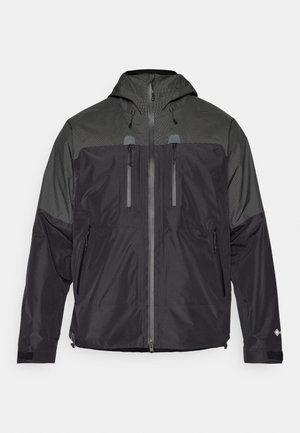 Black and gray waterproof jacket with hood, front zipper, four zippered pockets, and Velcro adjustable cuffs, designed for outdoor use.
