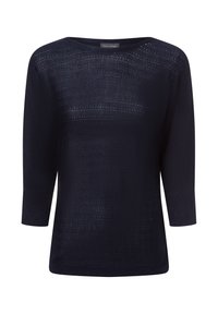 Maglietta blu navy a maglia con maniche a tre quarti, scollatura rotonda, motivo a texture e tessuto traforato per traspirabilità e una vestibilità rilassata.