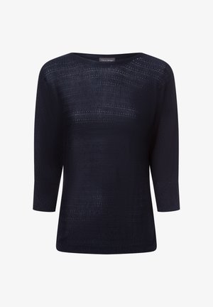Marineblaue Strickoberteil mit drei Viertel Ärmeln, Rundhalsausschnitt, strukturiertem Muster und offenen Maschen für Atmungsaktivität und eine lockere Passform.