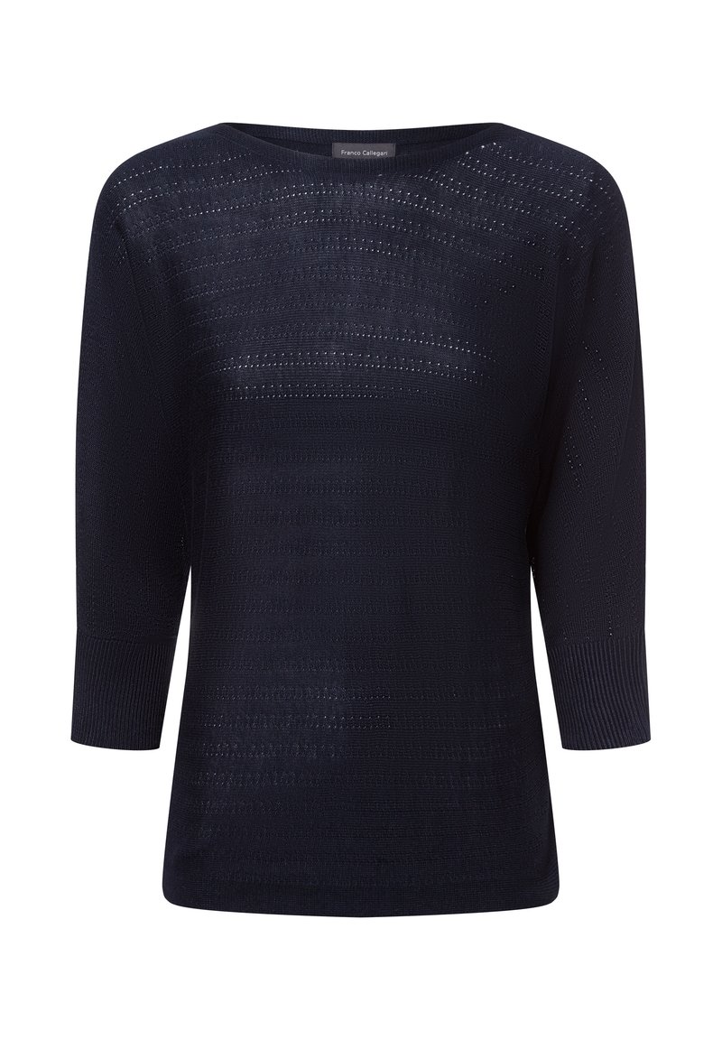 Maglietta blu navy a maglia con maniche a tre quarti, scollatura rotonda, motivo a texture e tessuto traforato per traspirabilità e una vestibilità rilassata.