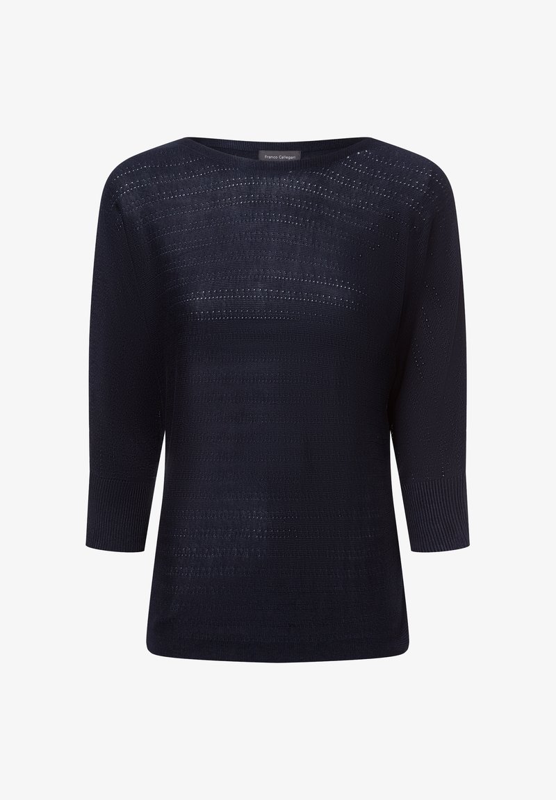 Marineblaue Strickoberteil mit drei Viertel Ärmeln, Rundhalsausschnitt, strukturiertem Muster und offenen Maschen für Atmungsaktivität und eine lockere Passform.