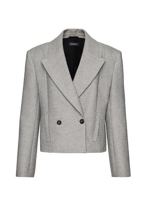 Blazer gri scurt cu nasturi dubli, rever ascuțit, doi nasturi negri și material texturat de la brandul La Mania.