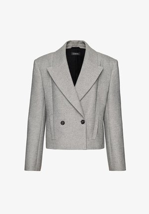 Blazer gri scurt cu nasturi dubli, rever ascuțit, doi nasturi negri și material texturat de la brandul La Mania.