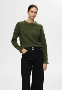 Selected Femme SLFLULU FRILL CUFF O NECK - Maglione - khaki