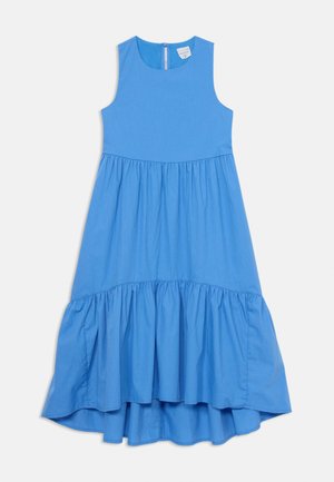 Blue sleeveless dress featuring a fitted bodice, flared tiered skirt, and a back zipper closure. Smooth fabric with a slight sheen.