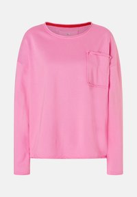 Lässiger, langärmeliger, rosa Sweatshirt mit aufgerauter Brusttasche und rundem Halsausschnitt, auf einem weißen Hintergrund präsentiert.