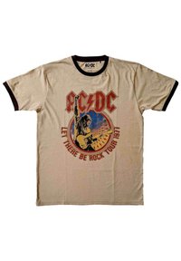 Beige cotton T-shirt with brown ringer neckline. Front graphic features "AC/DC" logo and a musician with a guitar, colored in red, blue, and yellow.