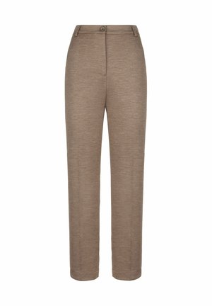 Braune gerade geschnittene Hosen mit Knopf- und Reißverschluss, Gürtelschlaufen und einer glatten Stoffoberfläche.