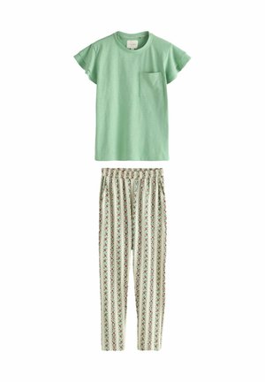 Mint green short-sleeve t-shirt with a front pocket, paired with patterned elastic-waist pants featuring floral stripes in red and green.