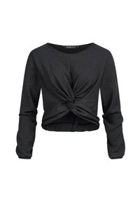 Czarny krótki top z długim rękawem, ozdobiony skręconym detalem z przodu oraz wykonany z miękkiego, lekkiego materiału. Okrągły dekolt i dopasowane rękawy.