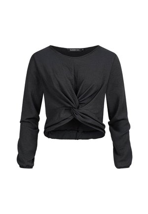 Czarny krótki top z długim rękawem, ozdobiony skręconym detalem z przodu oraz wykonany z miękkiego, lekkiego materiału. Okrągły dekolt i dopasowane rękawy.