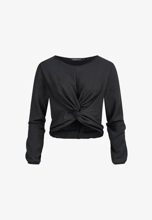 Schwarzes, langärmeliges, bauchfreies Top mit gedrehtem Frontdetail und weichem, leichtem Stoff. Abgerundeter Halsausschnitt und figurbetonte Ärmel.