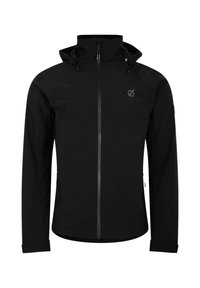Giacca nera impermeabile con colletto alto, cappuccio regolabile, zip frontale e tasche laterali. Tessuto liscio con branding minimale.