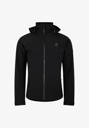 Sort vandtæt jakke med høj krave, justerbar hætte, lynlås foran og sidelommer. Glat tekstur med minimal branding.