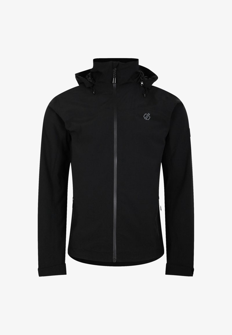 Giacca nera impermeabile con colletto alto, cappuccio regolabile, zip frontale e tasche laterali. Tessuto liscio con branding minimale.