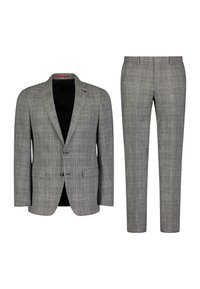 Completo grigio a quadri con un blazer dotato di revers a punta, due tasche frontali e pantaloni abbinati. Il tessuto ha una texture liscia e un motivo sottile.
