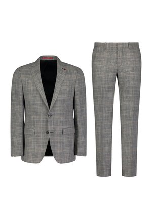 Grau kariertes Anzug mit einem Blazer, der über einen Reverskragen, zwei Vorderentaschen und passende Hose verfügt. Der Stoff hat eine glatte Textur und ein dezentes Muster.