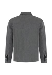 Langswefshirt in donkergrijze stof met een subtiele textuur, met een kraag, knopenmanchetten en een rechte zoom.