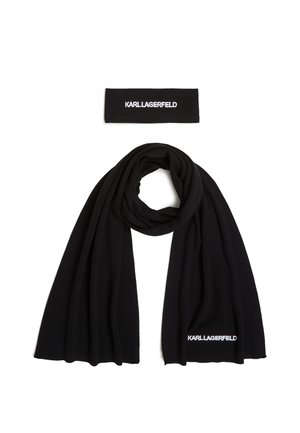 Sett med svart skjerf og hårbånd laget av myk stoff. Skjerfet er langt og faller elegant; hårbåndet har brodert 'KARL LAGERFELD' logo.