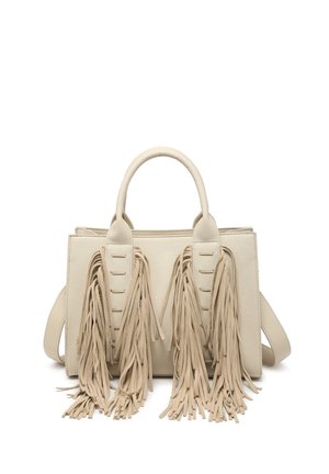 Sac à main en cuir beige avec double poignée et longs glands frangés suspendus à l'avant, forme rectangulaire avec une bandoulière latérale.