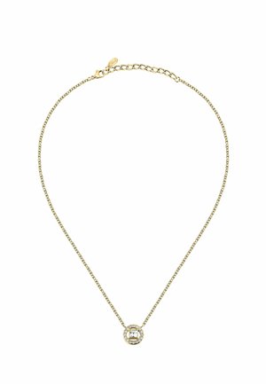 Guld kæde halskæde med en firkantet klar ædelsten omkranset af små klare krystaller som vedhæng på en hvid baggrund.