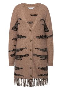 Langer, brauner Cardigan mit V-Ausschnitt, schwarzen abstrakten Mustern, vorne mit Knöpfen und einem fransigen Saum. Hergestellt aus strukturiertem Strickmaterial.
