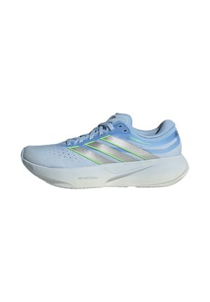 Light blue running shoe with a textured upper, silver and neon green stripes, rounded toe, cushioned sole, and recessed grooves for traction.