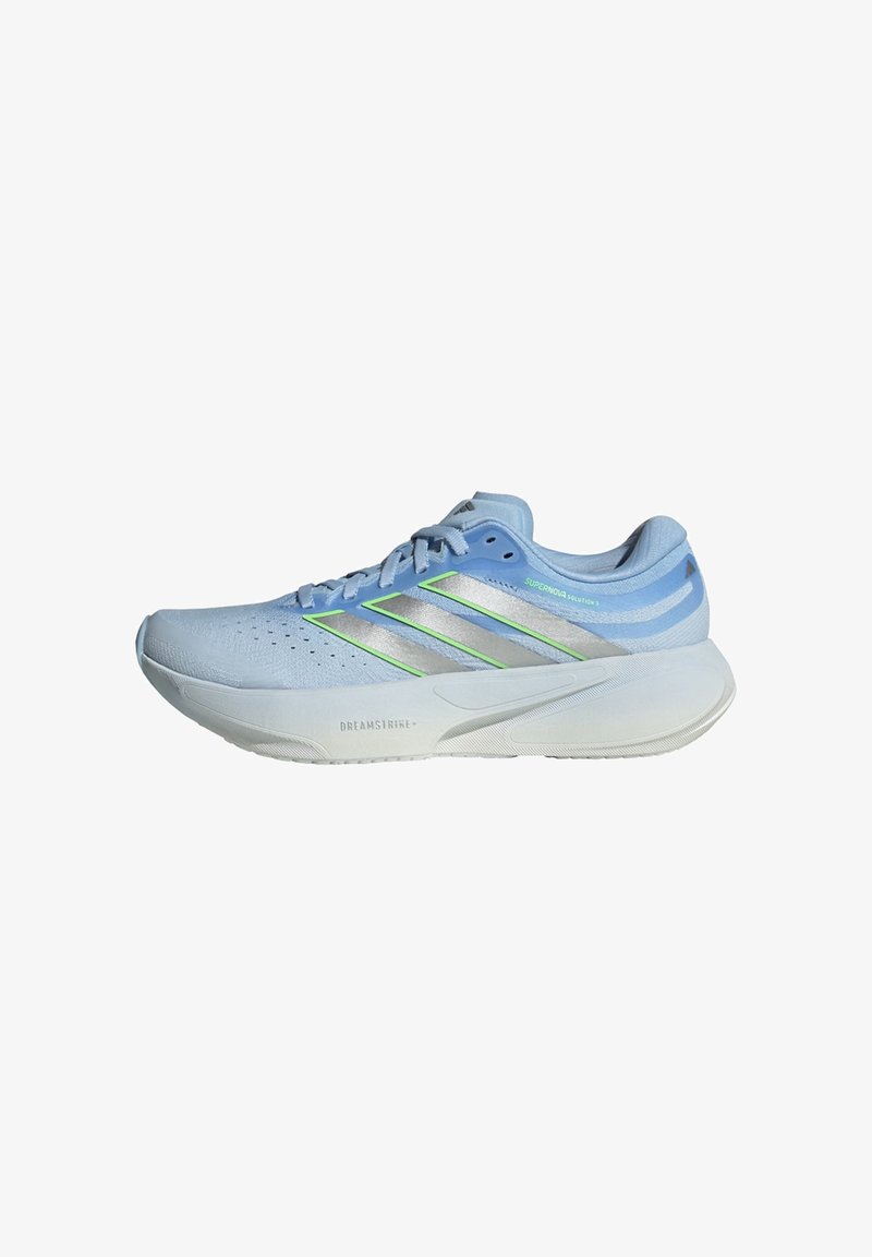 Light blue running shoe with a textured upper, silver and neon green stripes, rounded toe, cushioned sole, and recessed grooves for traction.