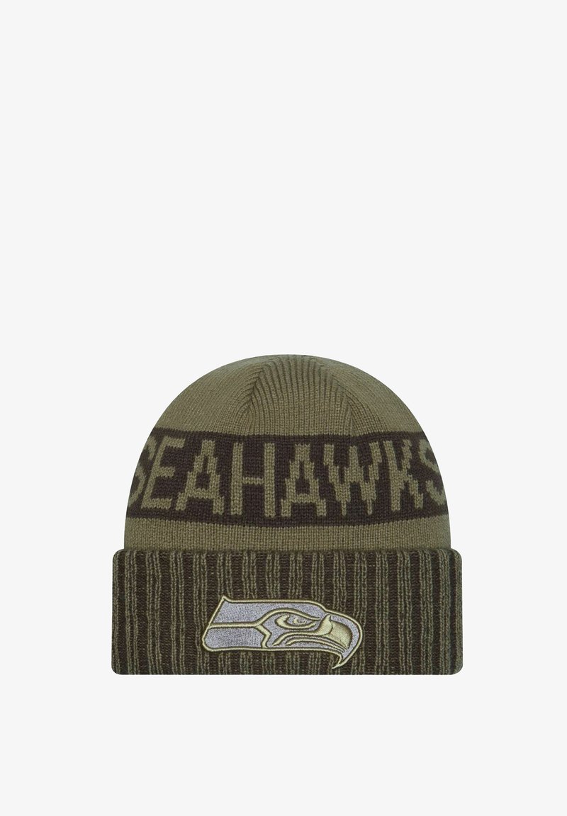 Green knit beanie with a brown band displaying "SEAHAWKS" in block letters and a Seahawks logo embroidered on the front.
