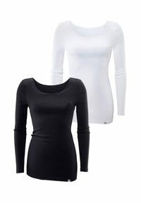 Schwarz-weiße Langarmshirts mit Rundhalsausschnitt, aus dehnbarem Material, mit schmaler Passform und minimalem Branding am Saum.