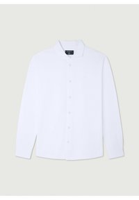 White long-sleeve button-up shirt with collar, plain design, and subtle logo on the left chest, displayed flat on a light background.