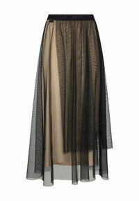 Gonna lunga nera trasparente con sottogonna beige, vita elastica e dettaglio decorativo ad anello, caratterizzata da texture fluide e sovrapposte.